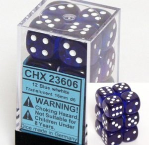 12 Blue w/white Translucent 16mm D6 Dice Block - CHX23606