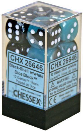 12 16mm Black-Shell w/White Gemini D6 Dice - CHX26646