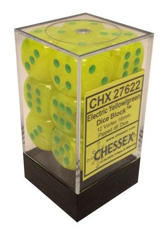 12 Electric Yellow w/green 16mm D6 Dice Block - CHX27622