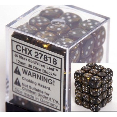 36 Black Gold w/silver Leaf 12mm D6 Dice Block - CHX27818