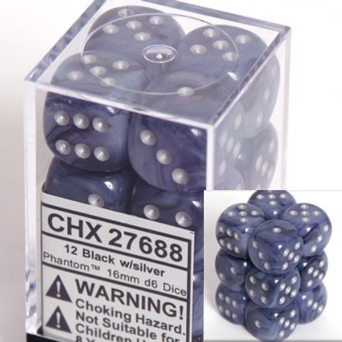 12 Black w/silver Phantom 16mm D6 Dice Block - CHX27688