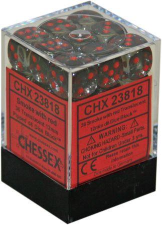 36 Smoke w/red Translucent 12mm D6 Dice Block - CHX23818