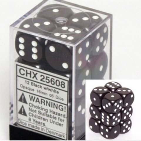 12 Black /white Opaque 16mm D6 Dice Block - CHX25608