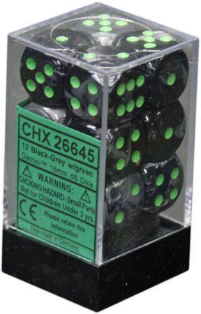 12 Black-Grey w/green Gemini 16mm D6 Dice Block - CHX26645