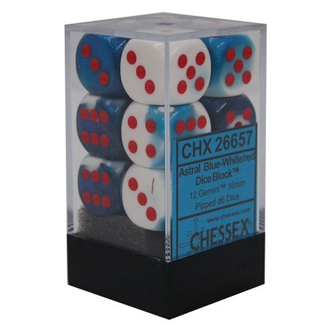 12 Astral Blue-White/red Gemini 16mm d6 Dice Block - CHX26657