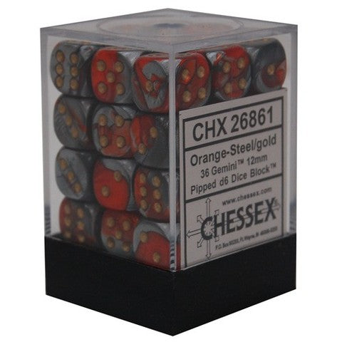 36 Gemini Orange-Steel/gold 12mm d6 Dice Block - CHX26861