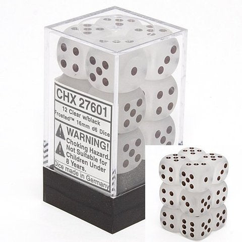 12 Clear w/black Frosted 16mm D6 Dice Block - CHX27601