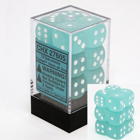 12 Teal w/white Frosted 16mm D6 Dice Block - CHX27605