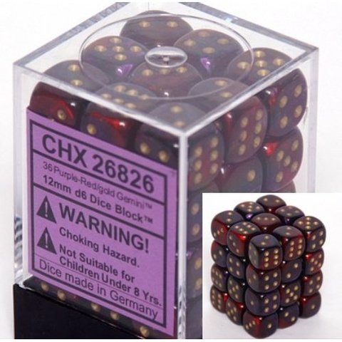 36 Purple-Red w/gold Gemini 12mm D6 Dice Block - CHX26826