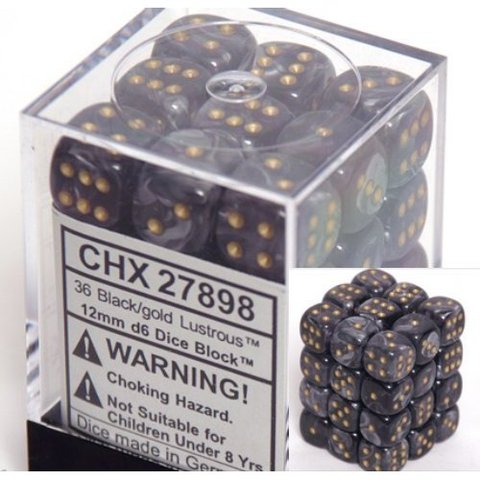 36 Black w/gold Lustrous 12mm D6 Dice Block - CHX27898