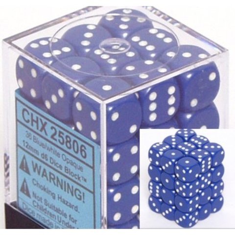 36 Blue w/white Opaque 12mm D6 Dice Block - CHX25806