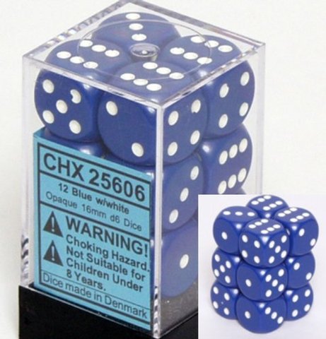 12 Blue w/white Opaque 16mm D6 Dice Block - CHX25606