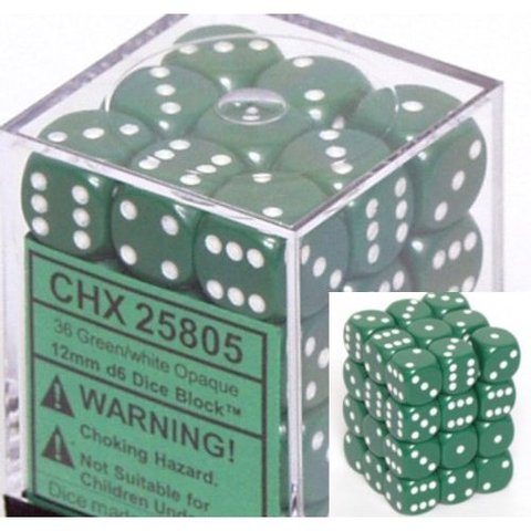 36 Green w/white Opaque 12mm D6 Dice Block - CHX25805