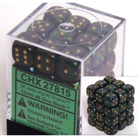 36 Jade w/gold Scarab 12mm D6 Dice Block - CHX27815