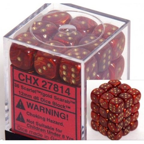 36 Scarlet w/gold Scarab 12mm D6 Dice Block - CHX27814