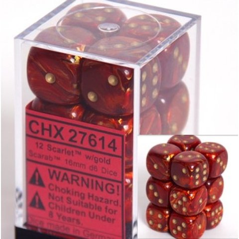 12 Scarlet w/gold Scarab 16mm D6 Dice Block - CHX27614