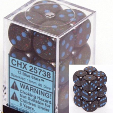 12 Blue Stars Speckled 16mm D6 Dice Block - CHX25738