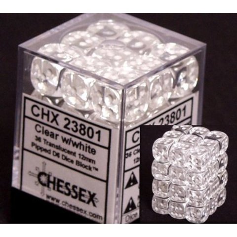 36 Clear w/white Translucent 12mm D6 Dice Block - CHX23801